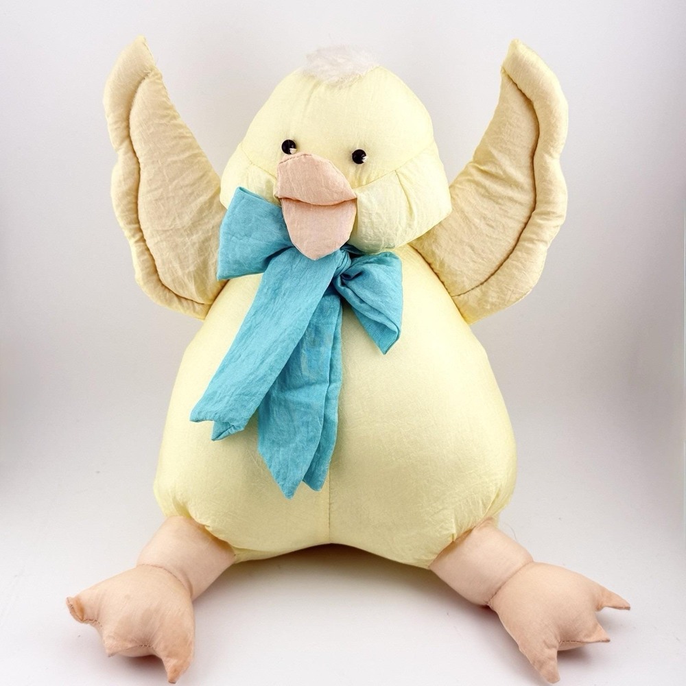 Vtg Easter Nylon Yellow Chick Plush Baby Duck Bow 10" Decor Parachute Grandma‎